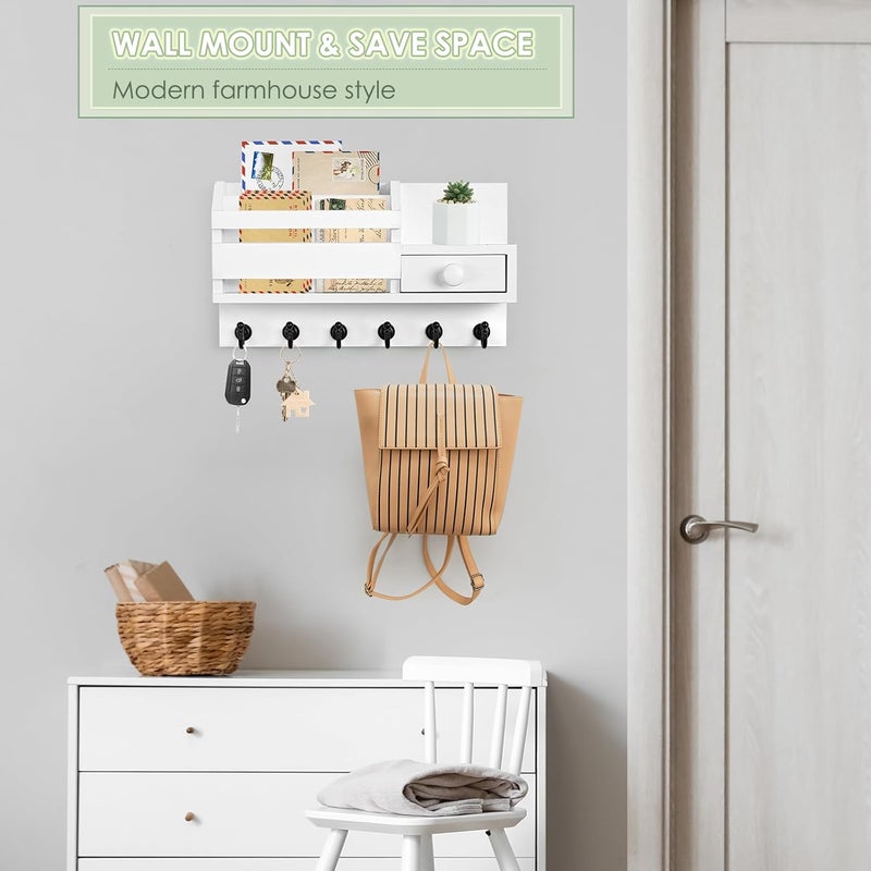 VIS'V Key Holder Wall Mount, Wooden Mail and Key Organizer with Drawer and Shelf, 2 Slots, 6 Hooks, White - Image 2